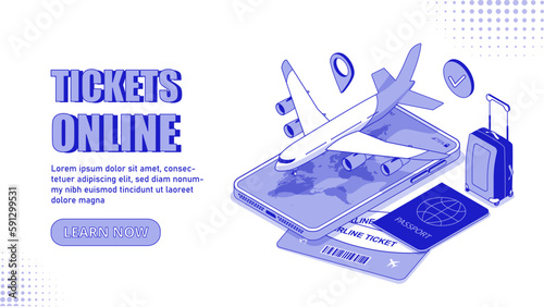 Tickets online concept. Airplane on big screen of smartphone. Travel, trip and adventure, tourism and flights. Online shopping and electronic transactions. Cartoon isometric vector illustration