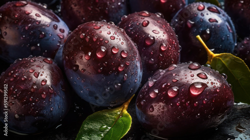 close-up of plum fruits in water drops. Created by AI.