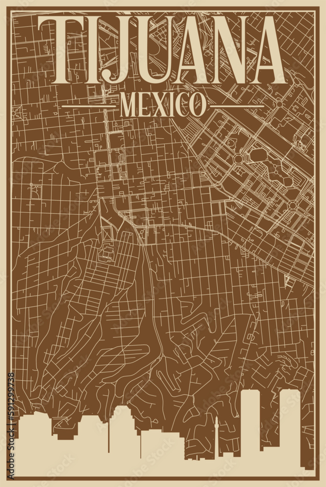Colorful hand-drawn framed poster of the downtown TIJUANA, MEXICO with highlighted vintage city skyline and lettering Colorful hand-drawn framed poster of the downtown TIJUANA, MEXICO with highlighted vintage city skyline and lettering