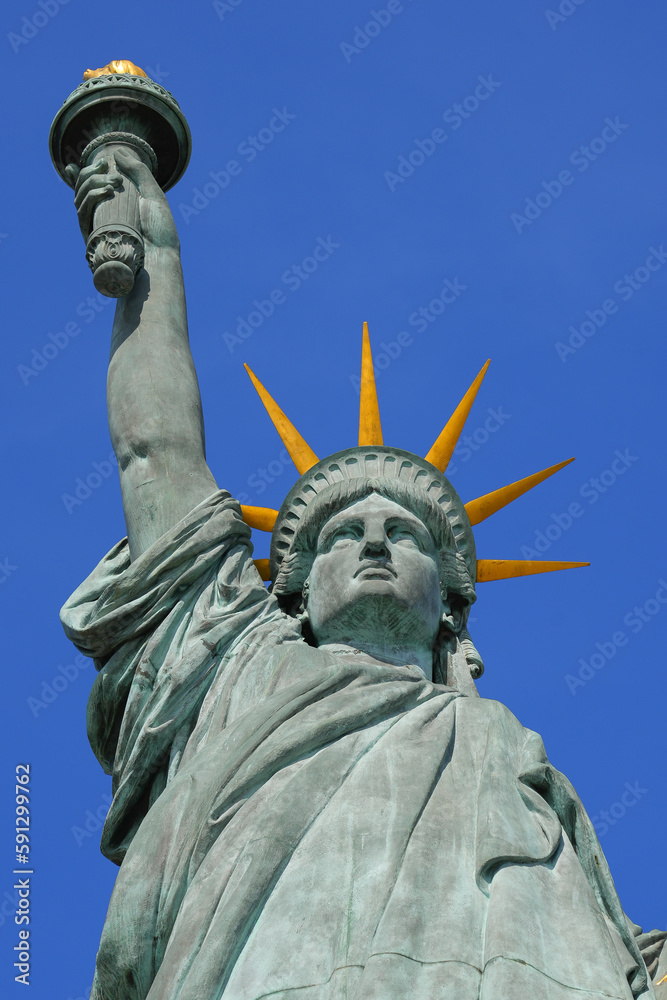 Fototapeta premium Detail of the Statue of Liberty on the Island of Swans in the center of the Seine river in Paris, France - Facing west, this copper sculpture is a gift from the American community in Paris