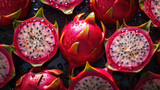 Tropical pitahaya fruit in water drops in the leaves. Dragon fruit. Studio light. Created with AI.