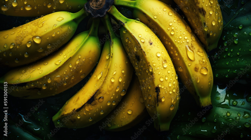 composition of ripe bananas on a background of tropical leaves. Created by AI.