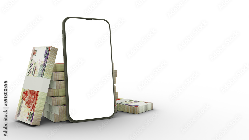 3D rendering of a mobile phone with  blank screen and stacks of Egyptian pound notes behind isolated on transparent background. - obrazy, fototapety, plakaty 