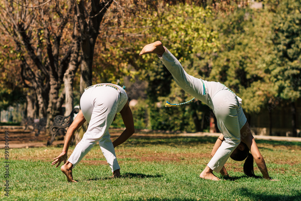 Obraz premium mujeres practicando patadas, ejercicios y capoeira en la ciudad con su ropa de capoeira en un parque verde en un día soleado.