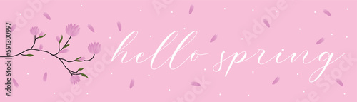 Banner with blooming branch and text HELLO, SPRING on pink background