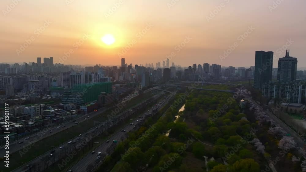 Drone View of Seoul city in South Korea, Sunset in Yeouido Financial District Drone View of Seoul city in South Korea, Sunset in Yeouido Financial District