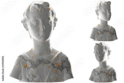 A stunning 3D render of a young John the Baptist statue, white marble stone shimmering gold accents