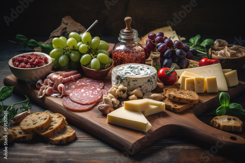 A beautifully arranged charcuterie board with an assortment of cheeses, cured meats, olives, and artisanal bread, set against a rustic wooden background. Generative AI.