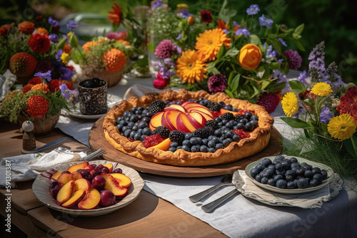 A delicious  summer fruit tart   showcasing an assortment of ripe  juicy fruits  such as peaches  plums  and berries  on outdoor picnic table with a colorful tablecloth and flowers. Generative AI.