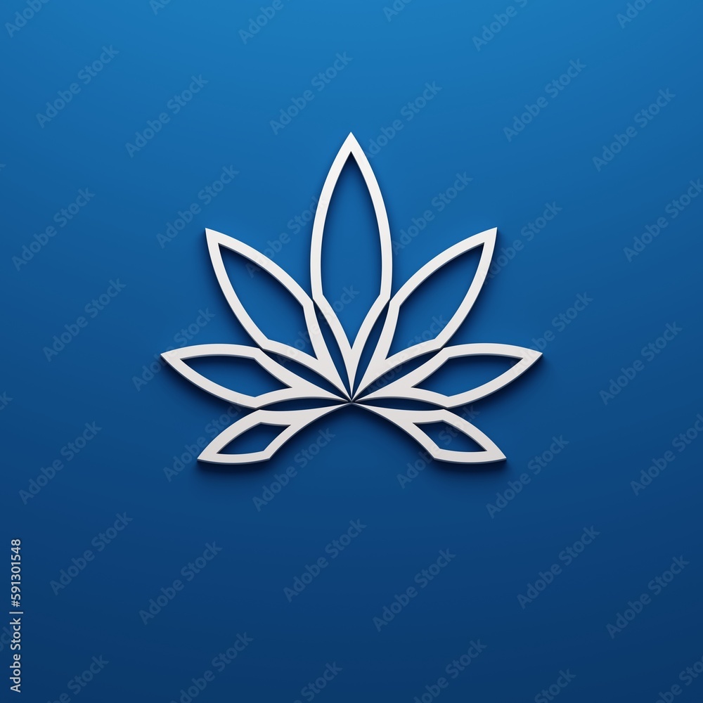 Cannabis plant in minimalist style 1x1 ratio isolated on blue background. 3D Render illustration
