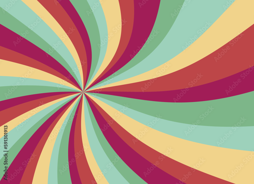 retro starburst or sunburst background vector pattern with a vintage color palette of red pink light blue green and yellow beige in a spiral or swirled radial striped design