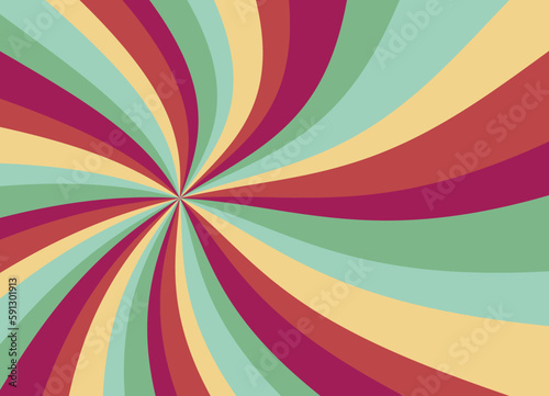 retro starburst or sunburst background vector pattern with a vintage color palette of red pink light blue green and yellow beige in a spiral or swirled radial striped design © Arlenta Apostrophe