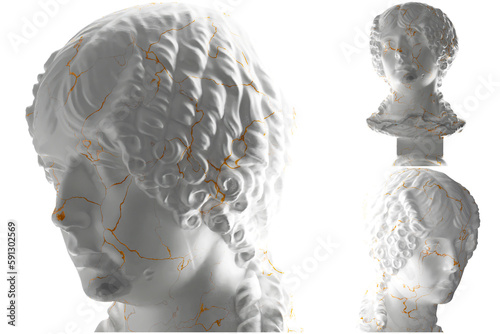 Renaissance statue in white marble and gold for apparel, album covers, and social media