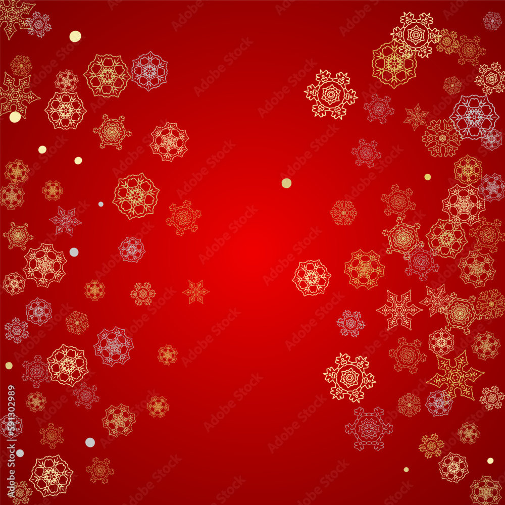 Christmas snow on red background. Glitter frame for seasonal winter banners, gift coupon, voucher, ads, party event. Santa Claus colors with golden Christmas snow. Falling snowflakes for holiday Christmas snow on red background. Glitter frame for seasonal winter banners, gift coupon, voucher, ads, party event. Santa Claus colors with golden Christmas snow. Falling snowflakes for holiday