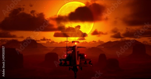 Helicopter Flying Over A Canyon