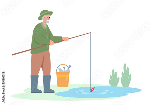 Elderly fisherman with rod and fish near pond or lake. Hobby or active healphy lifestile of senior people concept. Vector illustration. photo