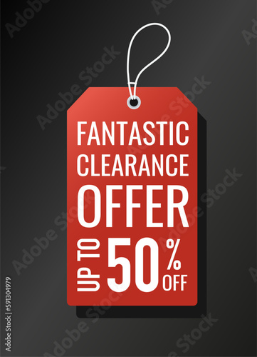 Red price tag. Fantastic clearence offer 50 percent, half price and cost. Discounts and promotions, bonuses and cashback. Voucher or coupon. Cartoon flat vector illustration