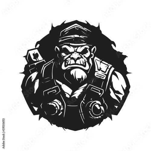 fighter orc, vintage logo concept black and white color, hand drawn illustration