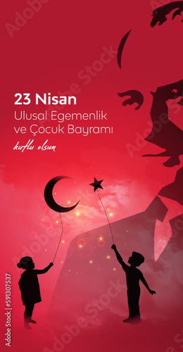 23 Nisan Ulusal Egemenlik ve Çocuk Bayramı Kutlu Olsun. (23rd April. national sovereignty and children's day) happy birthday. Boy and girl silhouettes with balloon moon and star icons. Atatürk günü.
