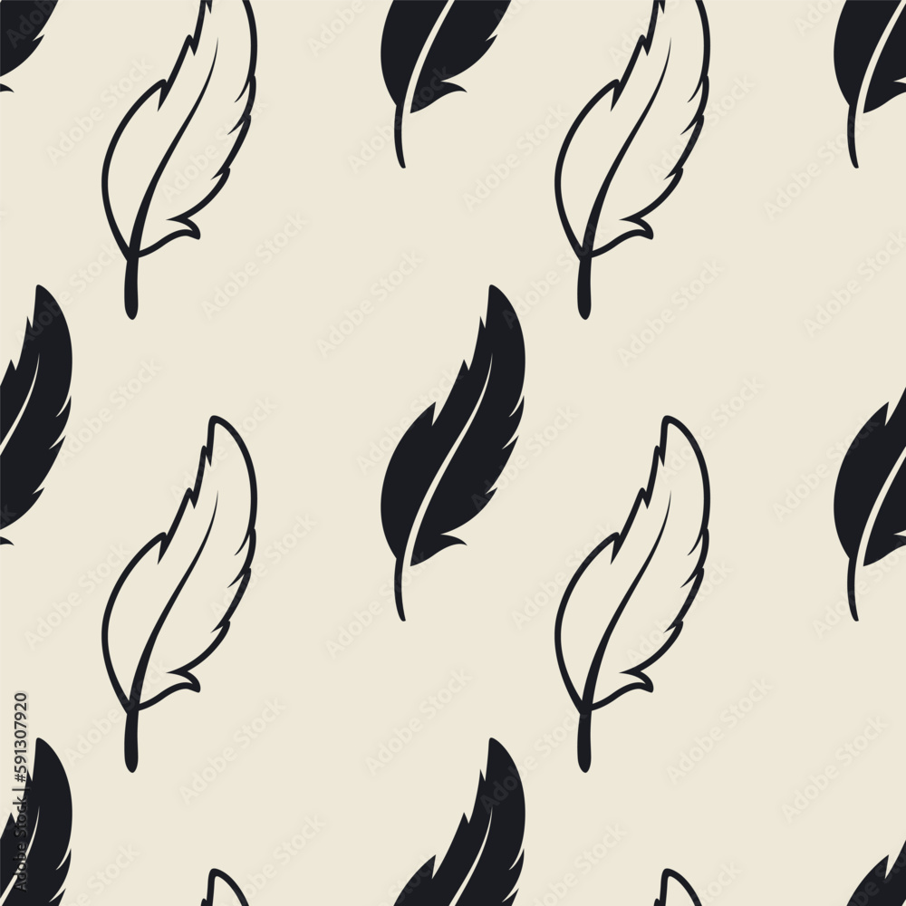 Vector Seamless Pattern with Different Black Fluffy Feather Silhouettes on White Background. Design Template of Flamingo, Angel, Bird Feathers for Wall Paper, Textile. Lightness, Freedom Concept Vector Seamless Pattern with Different Black Fluffy Feather Silhouettes on White Background. Design Template of Flamingo, Angel, Bird Feathers for Wall Paper, Textile. Lightness, Freedom Concept