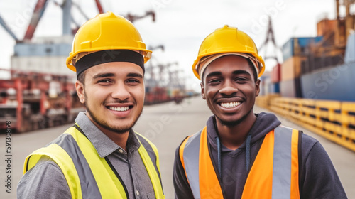 Two Smiling Young Adult Multiethnic Male Workers Wearing Hard Hat and Safety Vest Standing at a Shipping Dock - Generative AI.