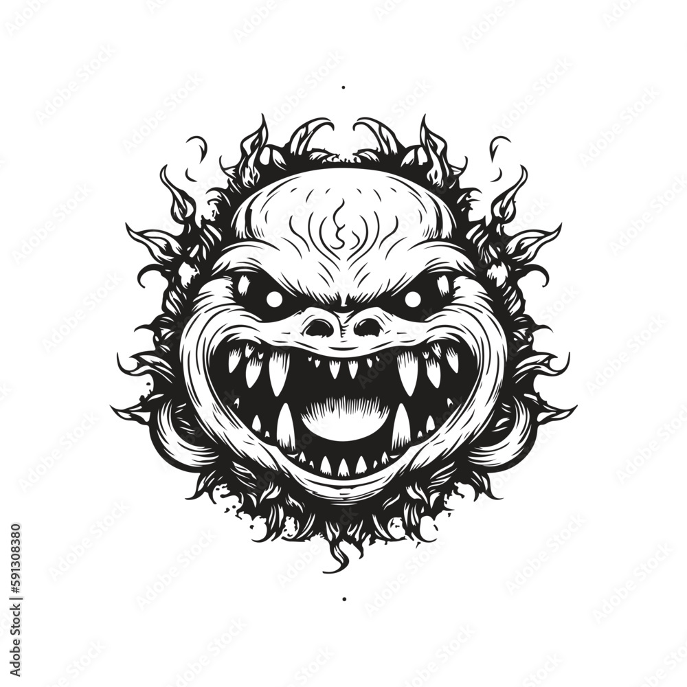 fire monster, vintage logo concept black and white color, hand drawn illustration