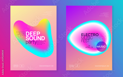 Neon Banner. Disco And Exhibition Design. Wavy Glitch For Invitation. Bright Electro Poster. Holiday Background For Cover Template. Blue And Purple Neon Banner