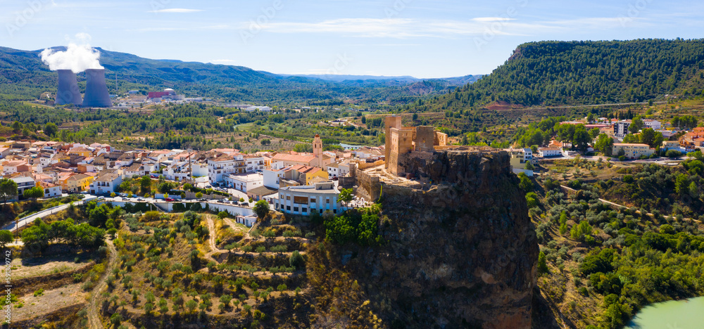 Top view of the city of Cofrentes and the medieval castle by the river. Spain