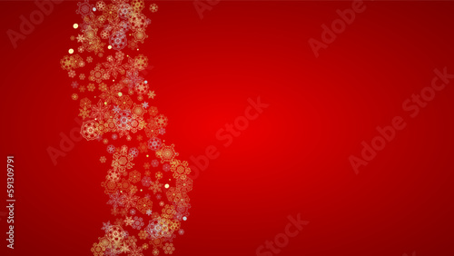 Christmas snow on red background. Glitter frame for winter banners  gift coupon  voucher  ads  party event. Santa Claus colors with golden Christmas snow. Horizontal falling snowflakes for holiday