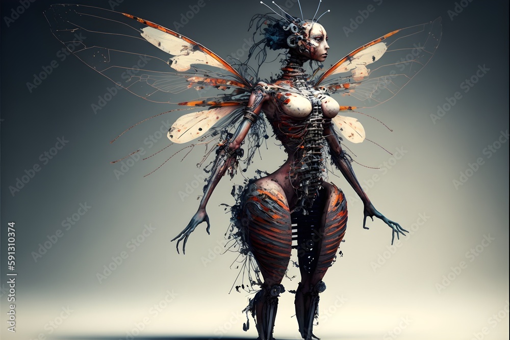 full body of a hybrid between a human5 and a fly2 with sparkling red ...