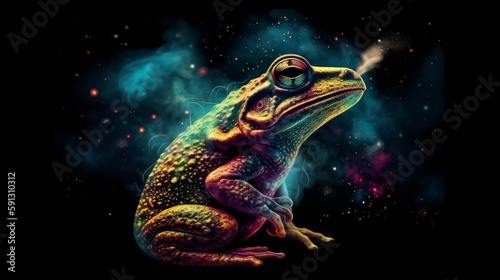 A graphic illustration of a frog with cosmic sky background. Generative AI. 