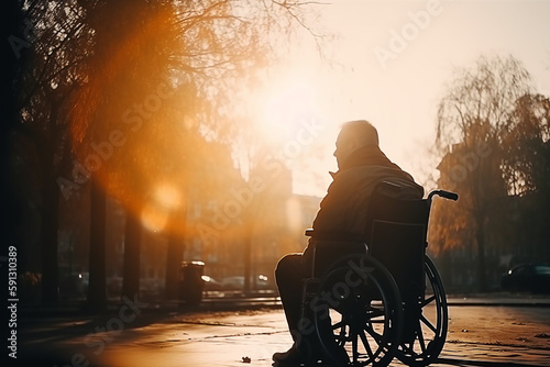 Um homem com deficiência está sentado em uma cadeira de rodas photo