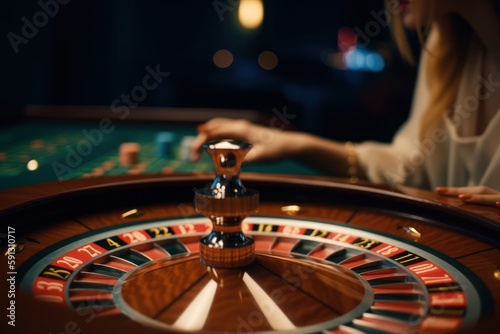 Hands of rich and elegant dressed girl playing roulette inside casino, blurred bokeh background. Generative AI