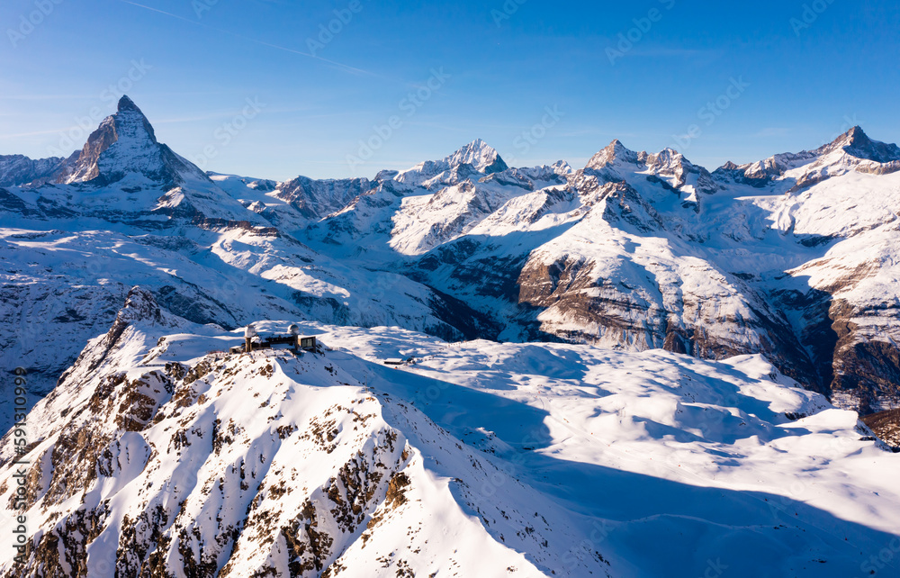 Swiss Alps landscapes with Matterhorn mount in Switzerland, observatory at 3,120 meters above sea level at Gornergrat