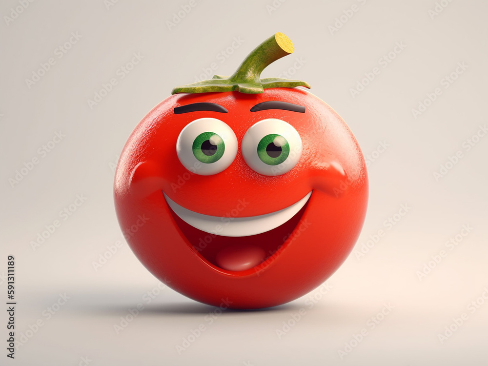 A red tomato with a funny smiley face right on it, on an isolated white background. Generative AI