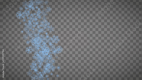 Snowflakes frame on transparent background. Christmas and Happy New Year. Isolated horizontal snowflakes frame for banners, gift cards, party invitation, partner compliment and special business offer