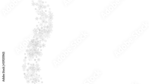 Snowflakes falling on white background. Horizontal Christmas and Happy New Year theme. Silver falling snowflakes for banner, gift card, party invitation, partner compliment and special business offers