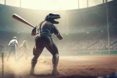 Dinosaur Baseball Player Swinging Baseball Bat In Professional Leaugue Generative AI