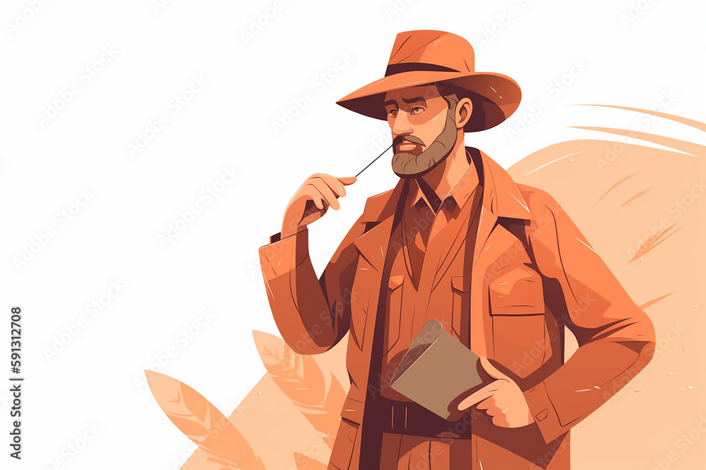 Homem, aventureiro, arqueólogo, com roupa de safári e chapéu, intimidando alguém, ilustração de uma série engraçada de cientistas de arqueologia Homem, aventureiro, arqueólogo, com roupa de safári e chapéu, intimidando alguém, ilustração de uma série engraçada de cientistas de arqueologia