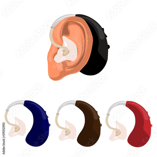 Deaf and hear aid concept. fairy skin tones ear.  Vector flat human illustration set. with set of colored hearing aid device.