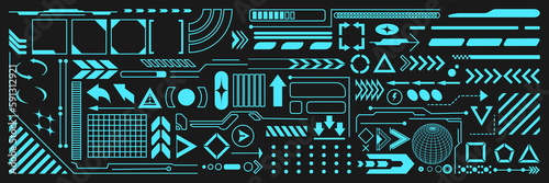 Retrofuturistic geometry elements set with icons and digital shapes for apparel, t-shirt, merch, posters, covers, flyers. Vector elements set vaporwave and y2k style abstract shapes. 