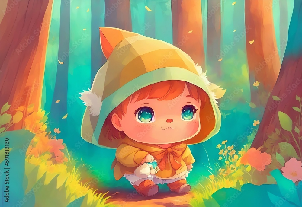 A cartoon cat with green eyes sits on a rock in a field with a colorful landscape., Created with Generative AI Technology A cartoon cat with green eyes sits on a rock in a field with a colorful landscape., Created with Generative AI Technology