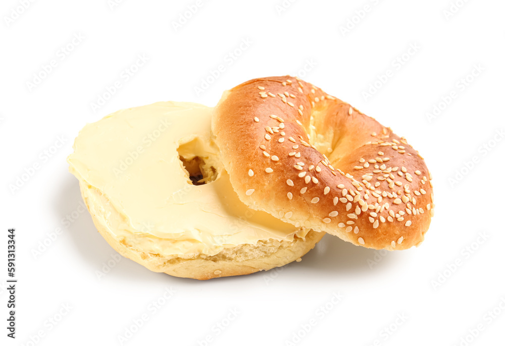 Tasty bagel with cream cheese on white background Tasty bagel with cream cheese on white background