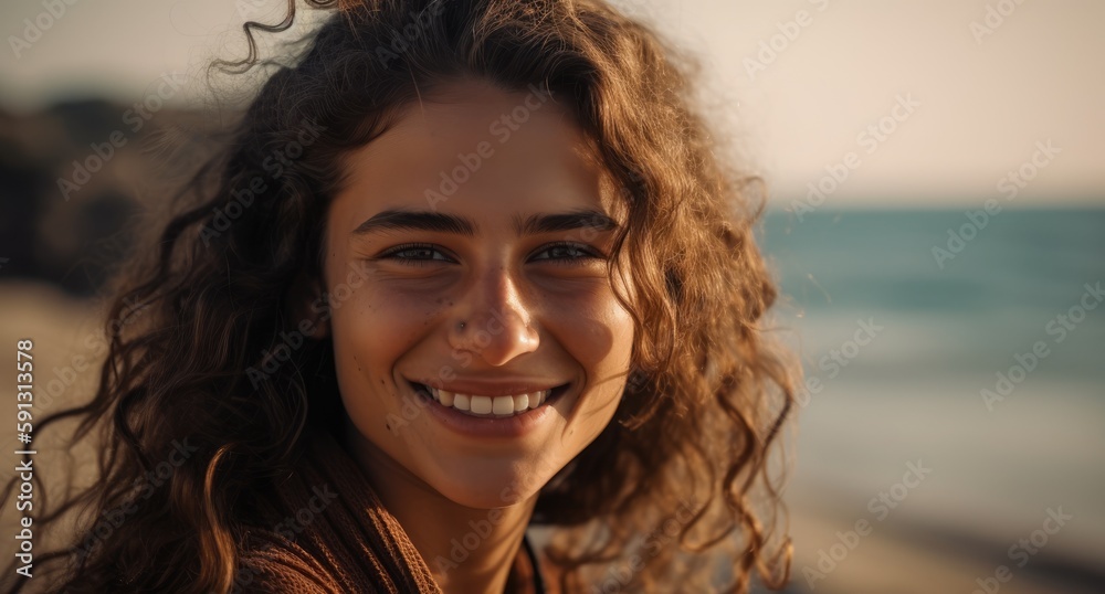 Happy woman enjoying freedom at the beach. Generative AI Happy woman enjoying freedom at the beach. Generative AI