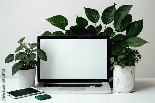 laptop computer and a potted plant on a desk. Generative AI