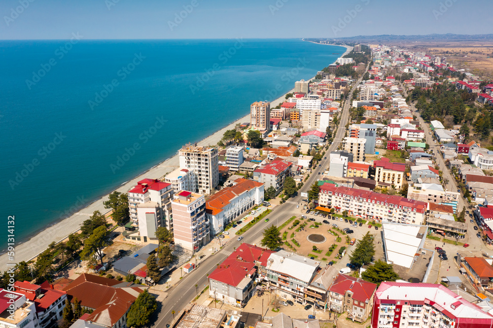 Aerial view of Kobuleti famous resort in Georgia with beach on Black Sea