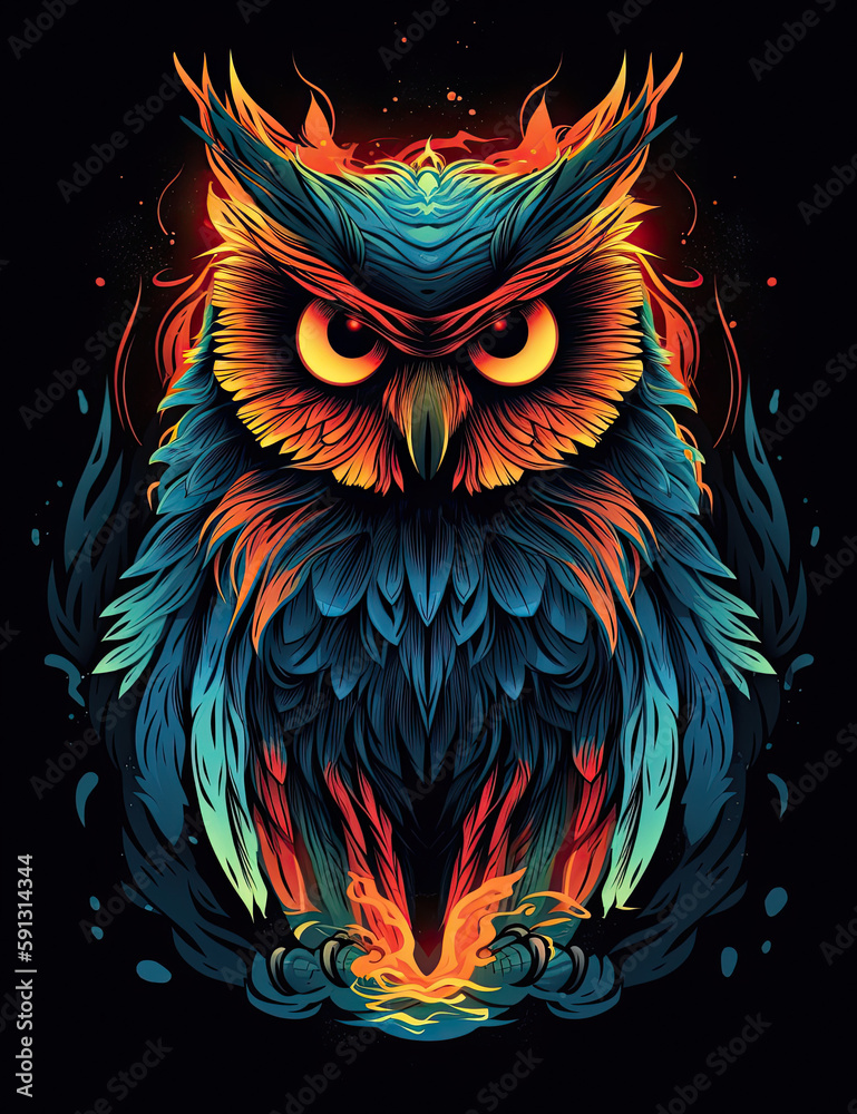 Owl Logo, Paint, Water Color, Graphic Design, Logo Design, T Shirt Design. Generative AI
