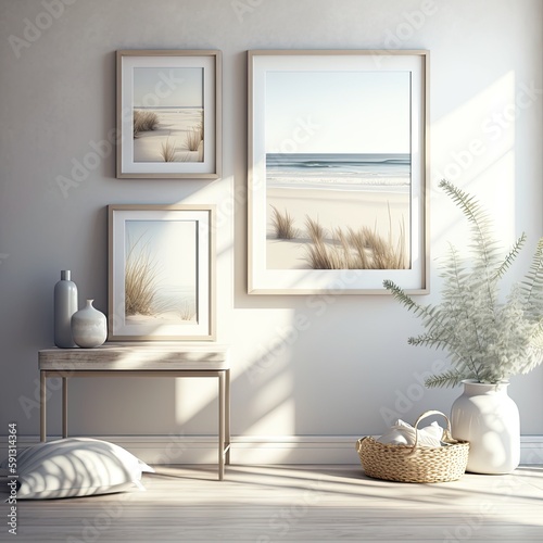 A mock-up living room in 3D rendering  with a soft color palette and natural textures that evoke a sense of calm and relaxation. generative AI