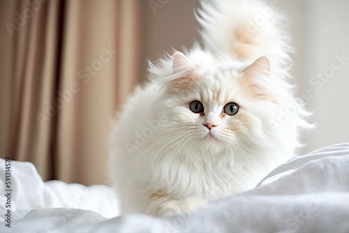 white feline sitting comfortably on a bed. Generative AI