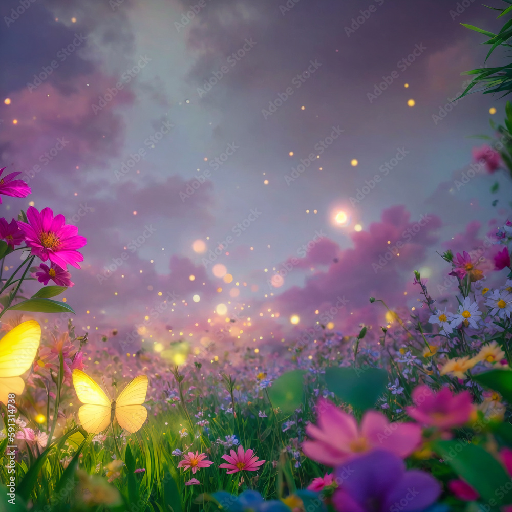 A garden filled with colorful flowers, butterflies, and fireflies is magical and enchanting. 3D Artwork adds realism to the atmosphere. A garden filled with colorful flowers, butterflies, and fireflies is magical and enchanting. 3D Artwork adds realism to the atmosphere.